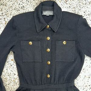 St John Collection Marie Gray black jumpsuit knit gold buttons 4
